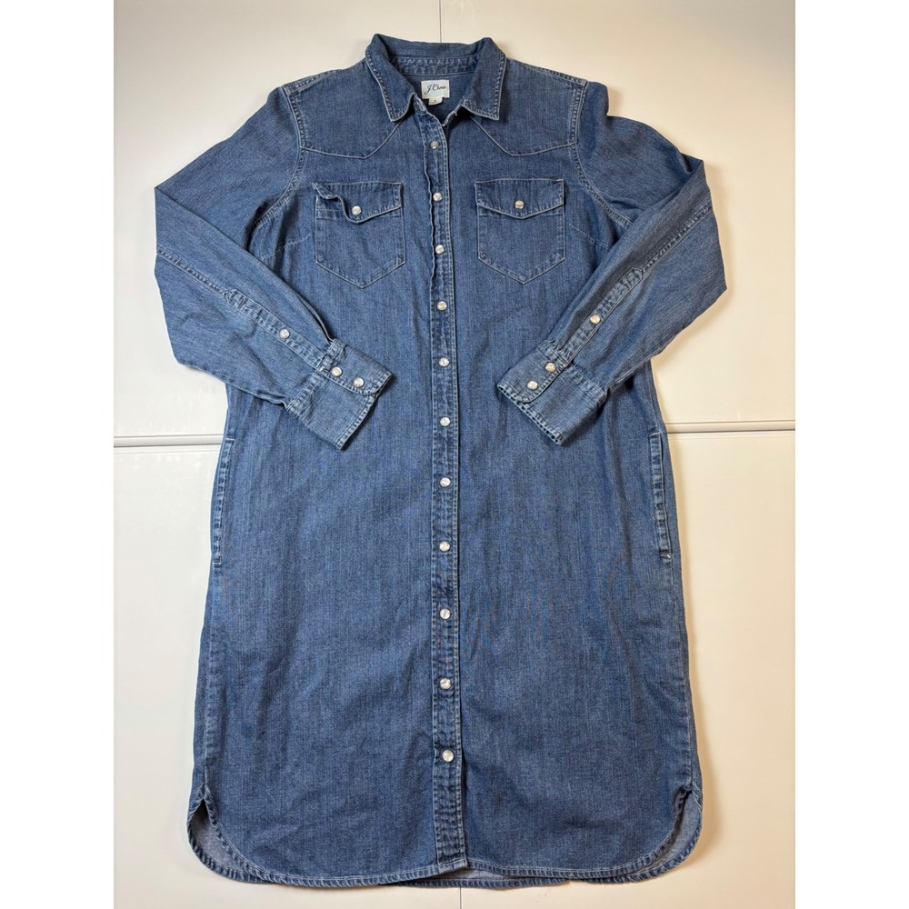 J.Crew Denim Shirt Dress Western Pearl Snap Long Sleeve Midi Blue Medium Wash 6